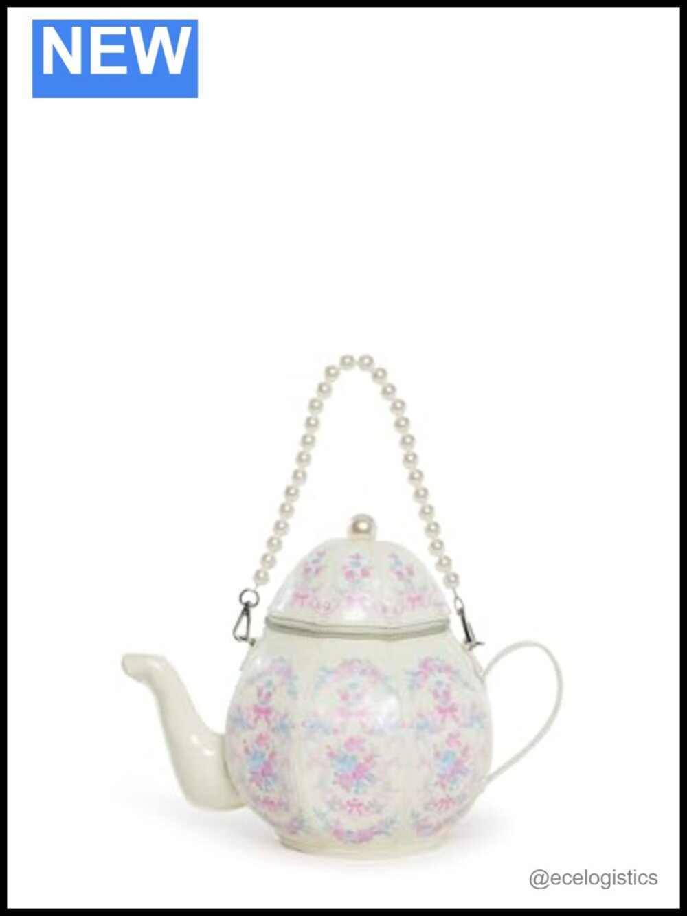 Faux Leather Teapot Clutch Handbag with Floral Print and Detachable Pearl Strap